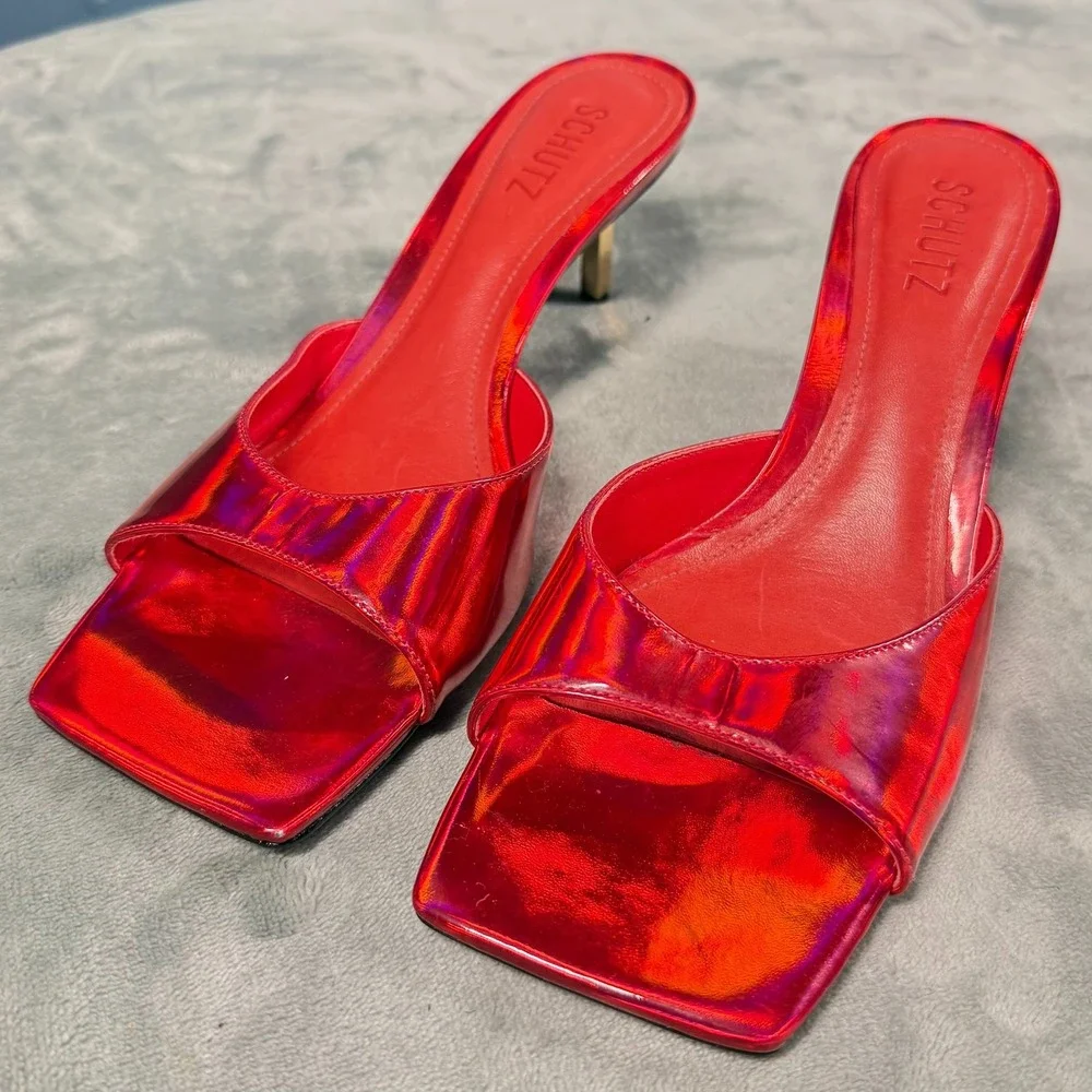 Schutz Sandals Womens 8B Red Holographic Square Toe Heels Slide